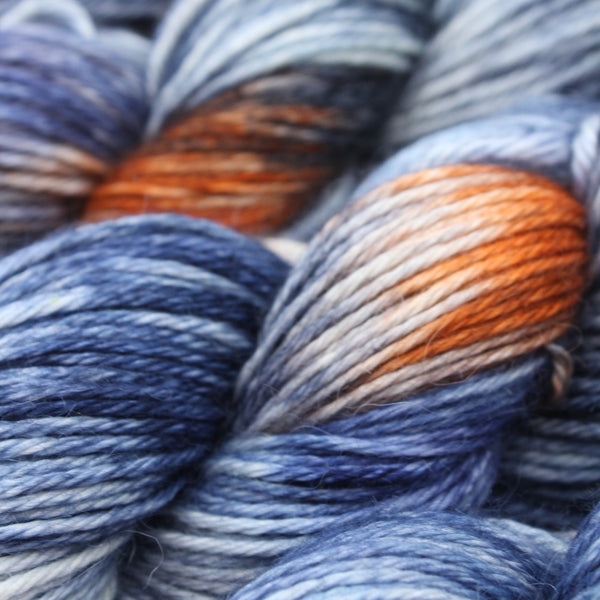 Handdyed alpca cashmere silk blue with orange highlight
