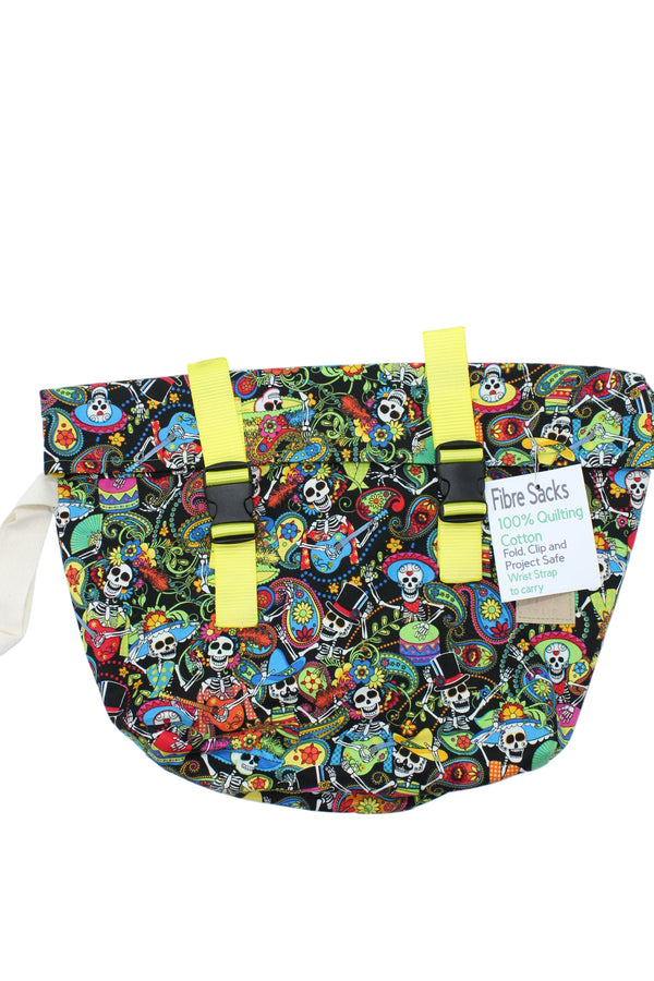 Handmade Fibre Sack - Medium - Sugar Skulls - Yellow Strap