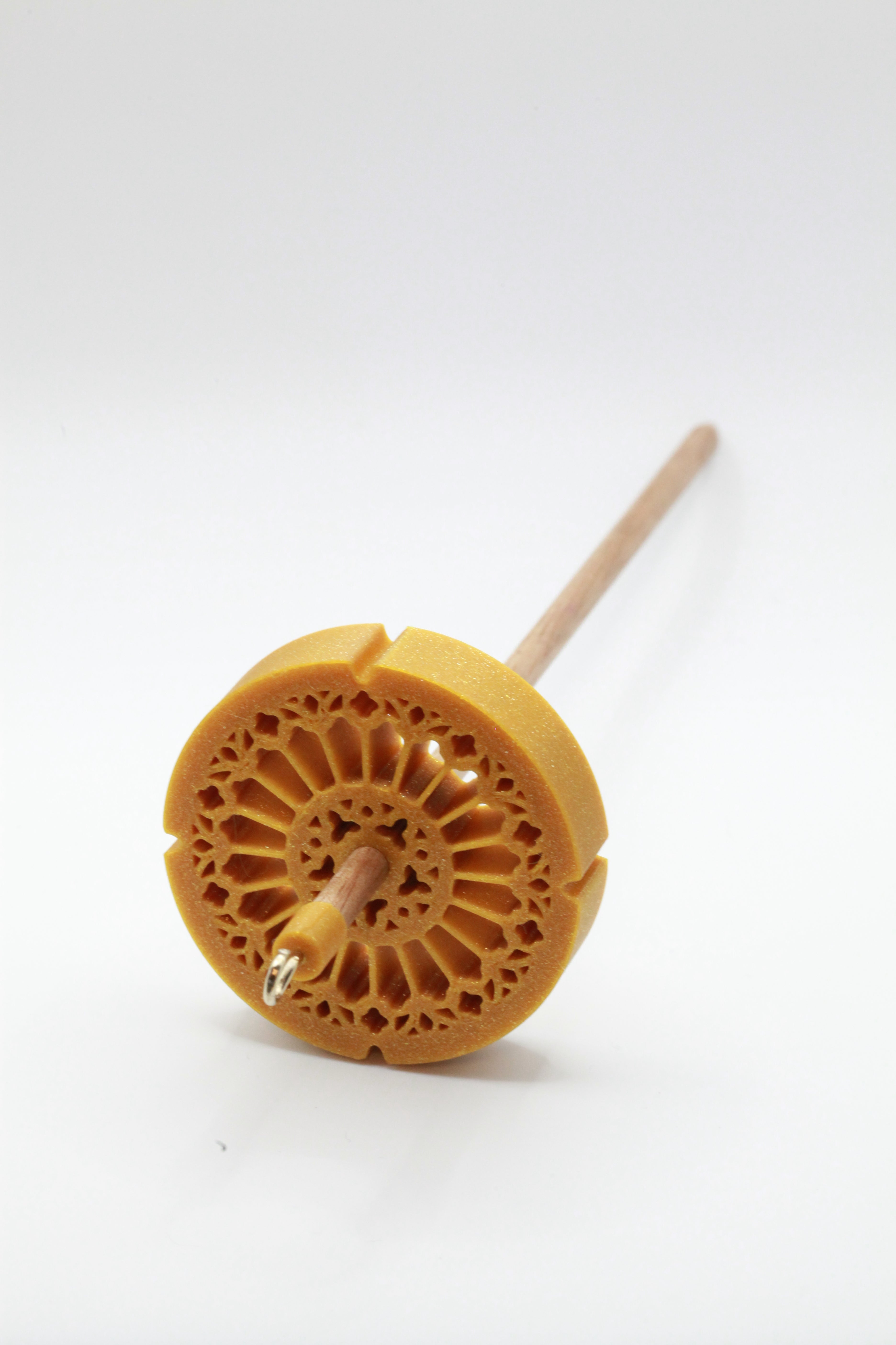 ROSE WINDOW - TOP Whorl Drop Spindle - MEDIUM WEIGHT - Gold spangles ...