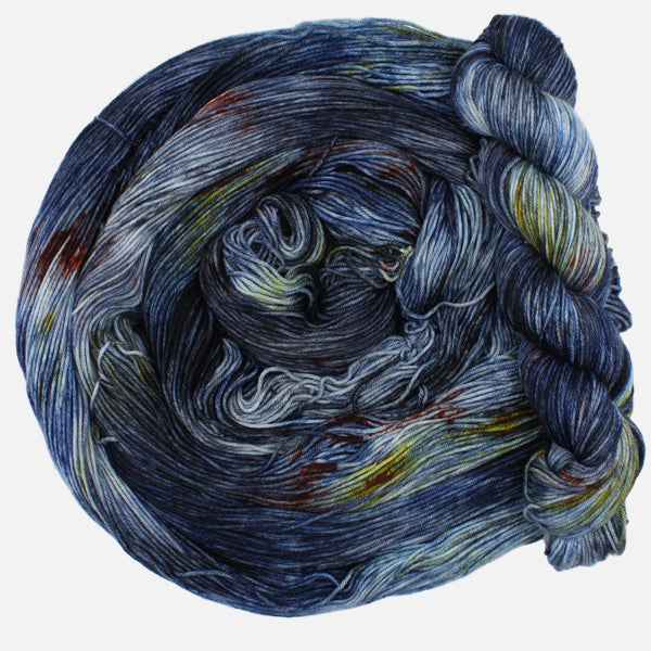 Hand dyed merino yarn, blues, yellow and red