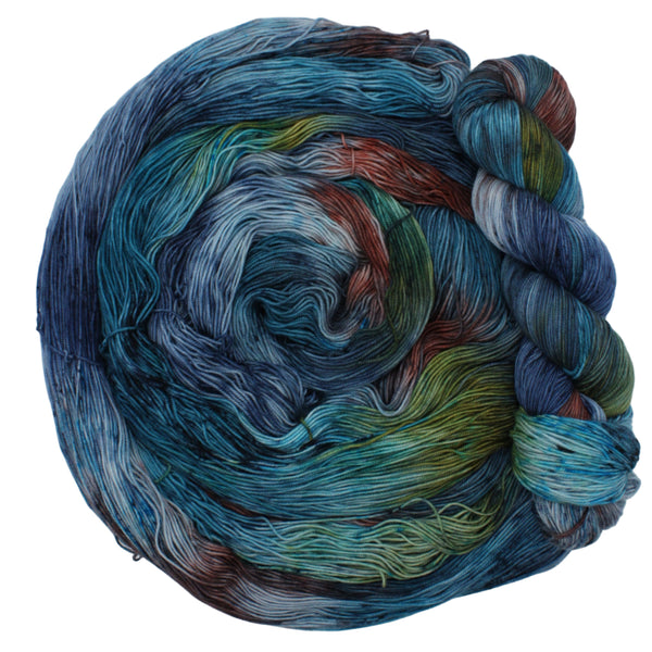 Handdyed yarn Merino 4ply, blues, yellow and coral