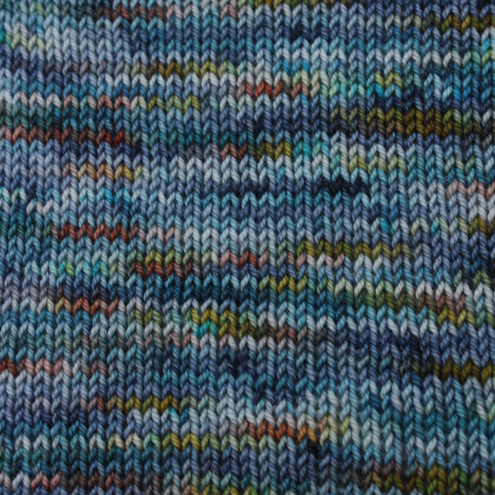 Handdyed yarn knit sample, Merino 4ply, blues, yellow and coral