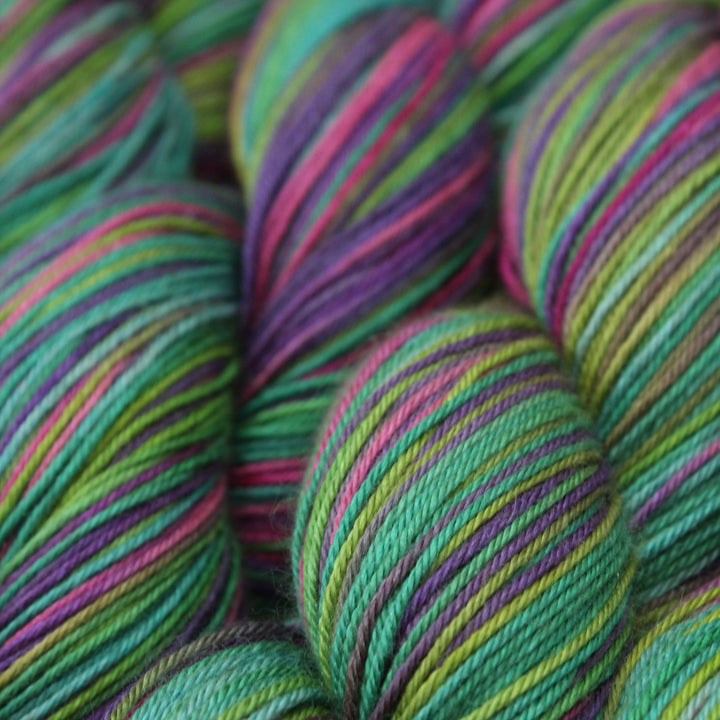 Handdyed camel yarn variegate green purple yallow green pink