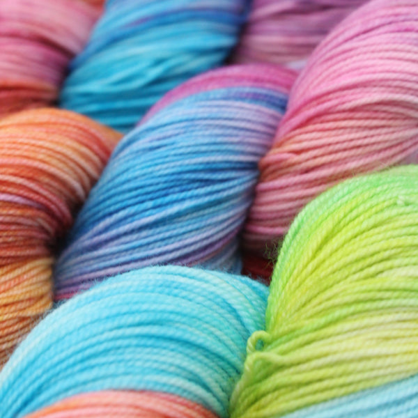 Handdyed merino yarn green yellow pink blue orange
